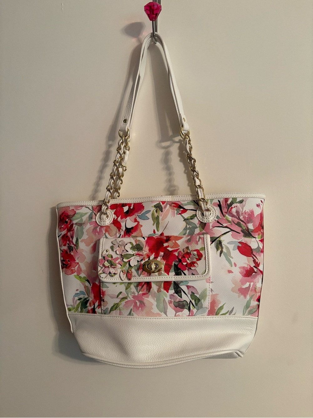 Liz Claiborne White Floral Tote with Gold Chain Straps